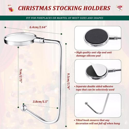 Christmas Stocking Holders for Mantle, Non-Slip Safety Fireplace Mantel Stocking Hooks with Separate Adhesive Strips, Silicone Pad Grip Hanger for Xmas Party Decoration (Silver,6)