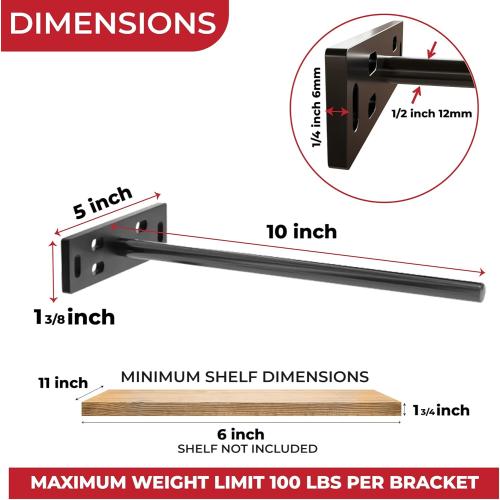 Set of 4 Size 5x1 3/8x 8 Floating Shelf Brackets Heavy Duty (1/4 inch Thick Baseplate) Painted Black Mild Steel/Bracket for Hidden Wall Shelves Support Hardware Mount Kitchen/Nursery Decor (10 inch Rods)