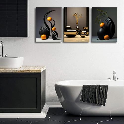 Framed Black Abstract Canvas Wall Art Three-Dimensional Sculpture Ceramic Wall Deco Pictures Modern Still Lifes orange Black Shape Posters Prints for Living Room Bedroom Bathroom Home Decoration