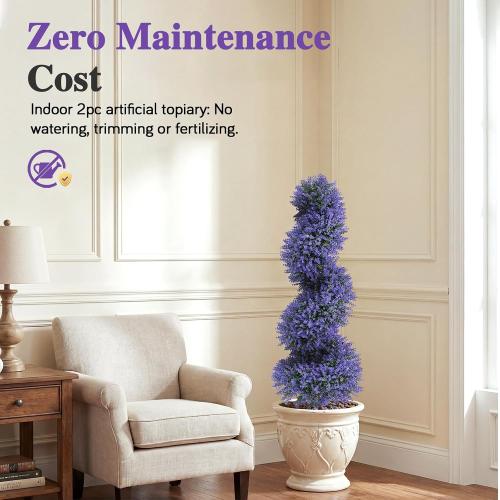 PATIO CHOICE 3ft Artificial Topiary Spiral Trees with Lavender Set of 2 High End Outdoor Faux Plants Realistic Fake Bushes Lilac Shrubs Decorations for Outdoor Front Porch Garden