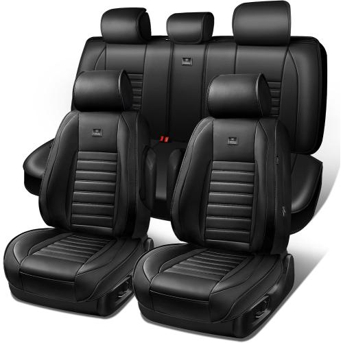 CAR PASS Nappa Leather Car Seat Covers Full Set, Luxury Seat Protector for Cars, Waterproof Anti-Slip Car Seat Cushion Armrest Compatible Airbag Universal for Sedan SUV Pick-up Truck Automotive, Black