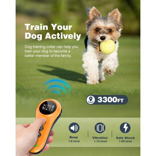 2-in-1 Dog Shock Collar & Dog Bark Collar - Smart Anti Barking Dog Training Collar with 5 Adjustable Sensitivity & 3300FT Remote for All Breeds IP67 Waterproof Rechargeable E-Collar (Orange)