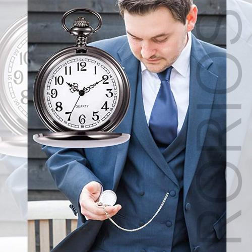 BLACK RORIOS Pocket Watch Vintage Steel Mens Womens Pocket Watches Smooth Case Arabic Numbers Modern Quartz Pocket Watch with Chain
