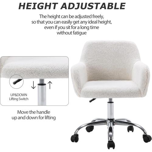 KCC Faux Fur Vanity Makeup Desk Chair, Comfy Fluffy Swivel Modern Leisure Armchair with Wheels, Upholstered Fuzzy Height Adjustable for Teens Women Girls Elegant Home Office