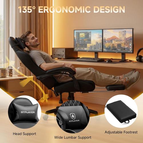 GTPLAYER Gaming Chair, High Back Leather Computer Game Chair with Footrest, Ergonomic Height Adjustable Office Chair with Removable Cover and Lumbar Support for Gaming and Work (Black)