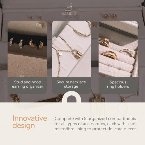 Travel Jewelry Organizer Jewelry Box – Luxurious, Compact Jewelry Travel Organizer w/Necklace Holder, Earring Organizer, Ring Holder, Hidden Compartments Jewelry Roll Case w/ 5X Capacity! (BEIGE)