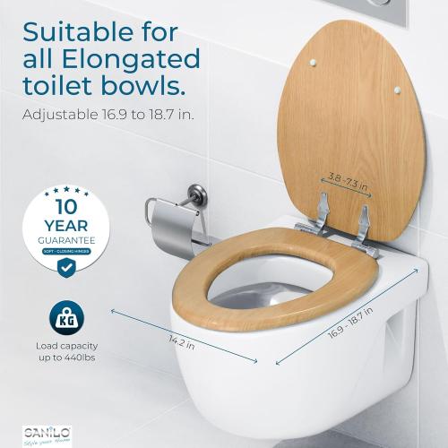 SANILO Wooden Toilet Seat with Soft Close [ELONGATED] - Decorative, Quiet & Slow Close Molded Wood Seat - With Strong Bumpers & Hinges - Adjustable Fit - Wood