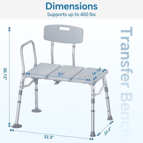 HOMLAND Tub Transfer Bench for Bathtub, 400 lbs Heavy Duty Shower Chair with Backrest, Slip-Resistant Feet, Height Adjustable Shower Bench Shower Seat for Elderly and Disabled