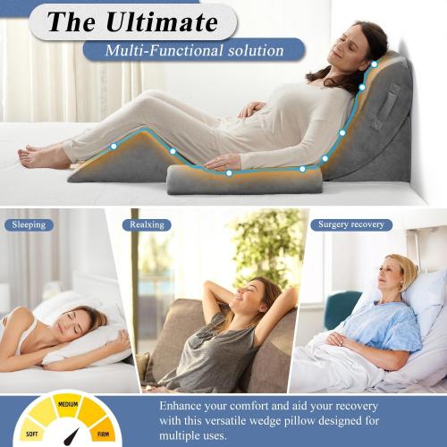 Redluxe Orthopedic Bed Wedge Pillow Set, Post Surgery Foam for Back, Neck and Leg Pain Relief Comfortable & Adjustable Ortho Pillows- Anti Snoring, Heartburn, Acid Reflux & GERD Sleeping Grey
