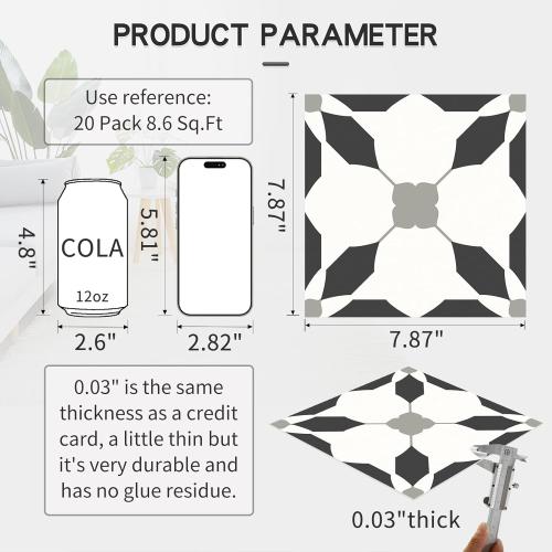 MORCART 7.87 x 7.87 Peel and Stick Floor Tile, 20 PCS Self-Adhesive DIY Vinyl Flooring for Renters, Removable and Waterproof Tile Sticker for Bathroom, Kitchen, Staircase (Black)