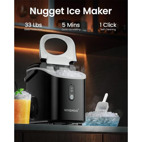 VIVIDMOO Nugget Ice Maker Countertop, 34lbs/Day, Portable Sonic Pebble Ice Maker with Self-Cleaning, Fast Ice in 6 Mins, Compact Crushed Pellet Ice Machine for Home/Office/Kitchen/RV/Camping, Black