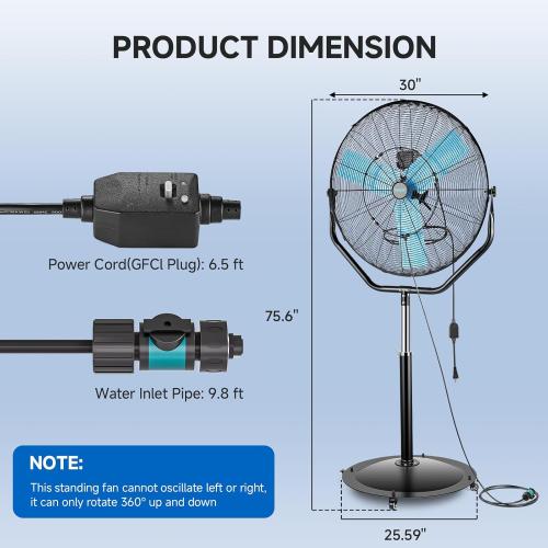 pasapair 8160 CFM 30 High Velocity Outdoor Misting Fan, Standing Fans for Patio Waterproof, Cooling Floor Fan 3-Speed, 360°Rotating, Adjustable Height,4 Casters, Heavy Duty Metal Industrial Fan