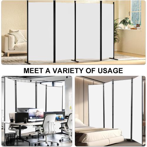 White Room Divider 4-Panel Privacy Screen with 3 Support Foot, Portable Screen Steel Frame with Hook&Loop for Home, Office, Classroom, Studio, Meeting (White)