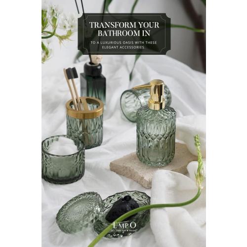 EMPO 6PCS Bathroom Clear Glass Accessories Set (Lotion Soap Dispenser, Soap Dish, Toothbrush Holder, Tumbler, Cotton Swab Jar), Contemporary Modern Decor Crystal Vintage Gift (6pcs Green)