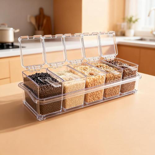 Clear Seasoning Box, 4 Pieces Seasoning Rack Spice Pots, Storage Container Condiment Jars Acrylic Seasoning Box with Covers and Spoons for Spice, Sugar, Salt, Sugar, Cardamon, Cinnamon