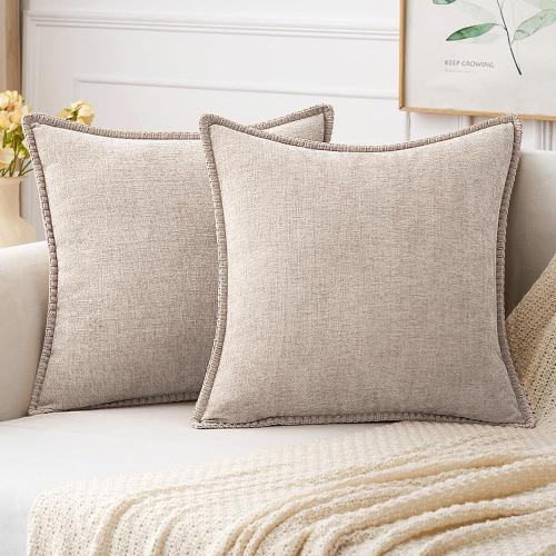 MIULEE Pack of 2 Couch Throw Pillow Covers 18x18 Inch Natural Beige Farmhouse Decorative Pillow Covers with Stitched Edge Soft Chenille Solid Dyed Pillow Covers for Sofa Bed Living Room