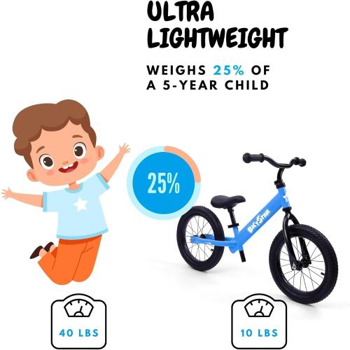 14 Inch Balance Bike for Kids 3-6 Year Old, No Pedals, Air Rubber Tires, Adjustable Height, Pedalless Bicycle for Boys, Girls, Blue
