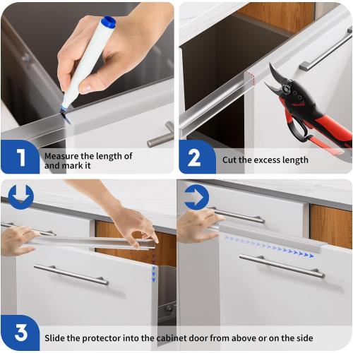 Cabinet Protector Edge Guard (Pack of 6), 17.7 Clear PVC Cabinet Edge Protectors for 3/4 Thick Kitchen Cabinets Doors – Slip-On No-Tool Sliding Installation