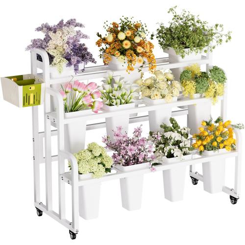 Flower Display Stand with 11 Buckets, Moving Florist Bouquet Shelf, Upgrade 360° Swivel Wheels and Brake, Flower Cart 3 Layers for Indoor, Outdoor Patio Garden, Living Room, Florist (White)