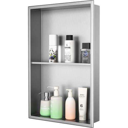 Stainless Steel Shower Niche Brushed 24 X 14 No Tile Needed Niche | Recessed shower niche with 2 tiers shelf,space-saving,vertical niche，silver bathroom niche shower for shampoo & soap storage