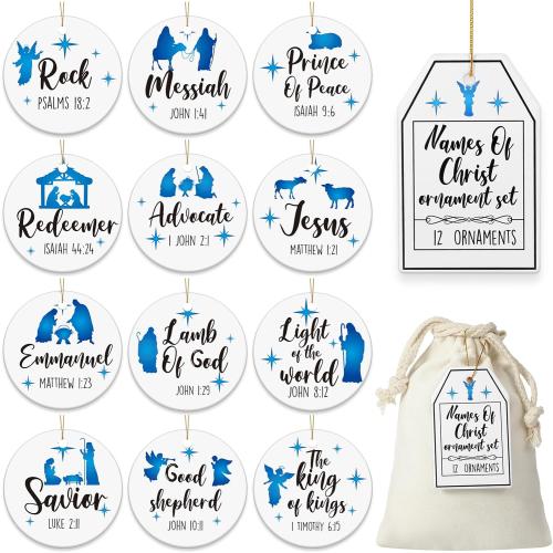 Barydat 12 Pieces Christian Christmas Ornaments Ceramic Religious Xmas Hanging Ornaments Bible Verse Christmas Tree Ornament with 1 Burlap Wrap Bag for Church Holiday Office Home Decor