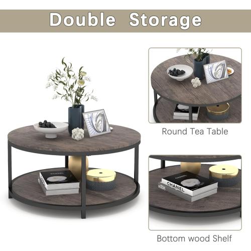 NSdirect Round Coffee Table,36 Coffee Table for Living Room,2-Tier Rustic Wood Desktop with Storage Shelf Modern Design Home Furniture(Light Walnut)