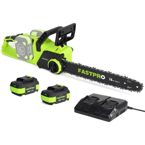 FASTPRO 40V 16-inch Cordless Chainsaw, Brushless Chain Saw Kit with 2 Batteries (4.0Ah) and Charger Base, For Wood Cutting & Trimming