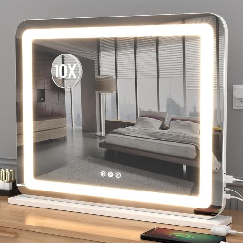 Vanity Mirror with Lights, 23x 18 Large LED Lighted Mirror with Detachable 10X Magnification & 3 Colors Modes, and USB Charging Port for Vanity Desk Tabletop (White, 23 * 18)