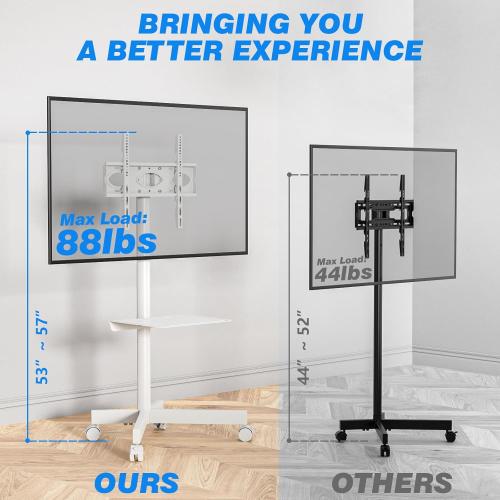Rfiver Mobile TV Stand for 23-60 Inch LCD LED Flat/Curved Panel Screen TVs up to 88 lbs, Rolling TV Stand with Adjustable Shelf & Tilt, Portable Floor Stand on Wheels for Bedroom, Living Room, White