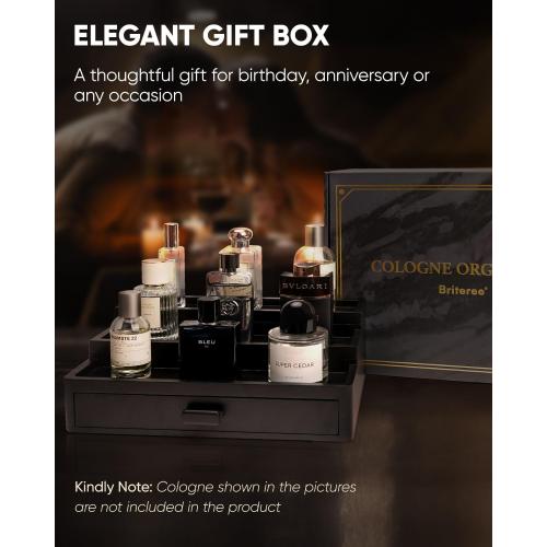 Cologne Organizer for Men, 3 Tier Wooden Cologne Stand with Drawer Storage and Hidden Compartment, Perfume Display Holder for Dresser, Great Gifts for Men and Women Valentine, Black