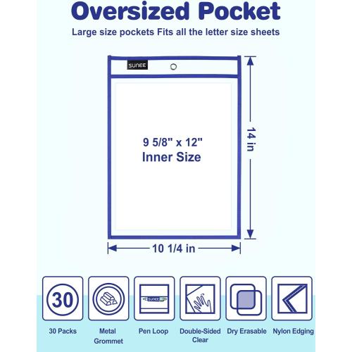 SUNEE 50 Packs Oversized Reusable Dry Erase Pocket Sleeves with 3 Rings, 10 Assorted Colors 10x14 Ticket Holders, Clear Plastic Sheet Protectors, Teacher School Classroom Supplies