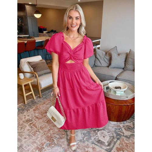 Size XL ... Womens Summer 2025 Boho Vacation Dress Short Puff Sleeve Flowy Smocked Cutout A Line Beach Party Dresses