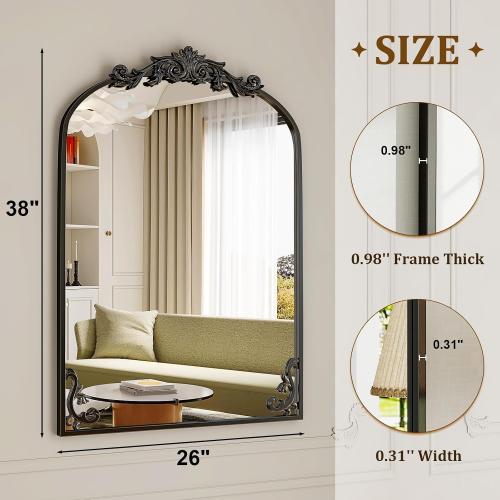 Black 36x 28 Arched Bathroom Mirror, Wall-Mounted Mirror with Carved Metal Frame & Bottom Art Carved, Vanity Mirror for Home Decor, Hanging Wall Mirror with Baroque Ornate Carved Accents, Vintage Black