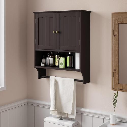 Smuxee Brown Wall Cabinet with Towel Bar - Medicine Cabinet with Adjustable Shelves, Over Toilet Cabinet for Laundry Room Kitchen