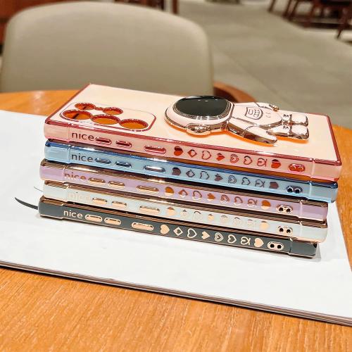 Phone Case for Samsung Galaxy S24 Ultra 6.8 Luxury Plating Astronaut Stand Holder Phone Case with Cute Love Heart Side Small Pattern Soft Silicone Shockproof Kickstand Cover Bumper (Pink)