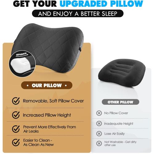 Grey Hikenture Camping Pillow with Removable Cover - Ultralight Inflatable Pillow for Neck Lumbar Support - Upgrade Backpacking Pillow - Washable Travel Air Pillows for Camping, Hiking, Backpacking
