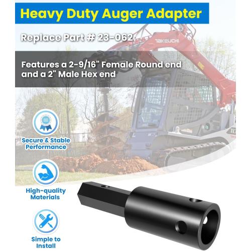Heavy Duty Auger Adapter 2-9/16 Female Round to 2 Male Hex for Augers, Skid Steers, Tractors, Post Hole Diggers