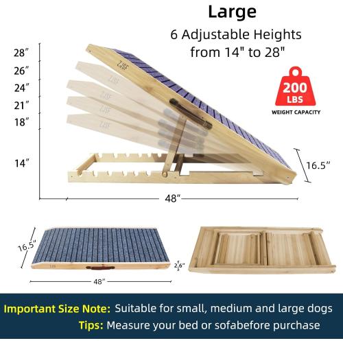 ZJSF Foldable Wooden Dog Ramp for High Bed, Dog Stairs for Small Dogs, High Traction Platform with 6 Adjustable Heights (14-28), 48 L, Supports up to 200 lbs