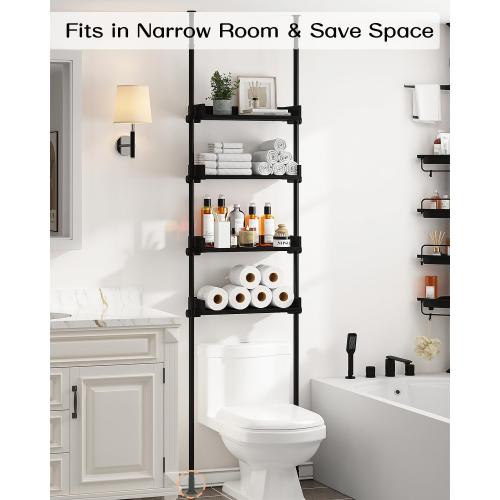 ALLZONE 4 Tier Over The Toilet Storage, Adjustable Wood Over Toilet Bathroom Organizer, Freestanding Shelves, Fit Most Showers Over The Toilet Shelf, 92 to 116 Inch Tall, Black