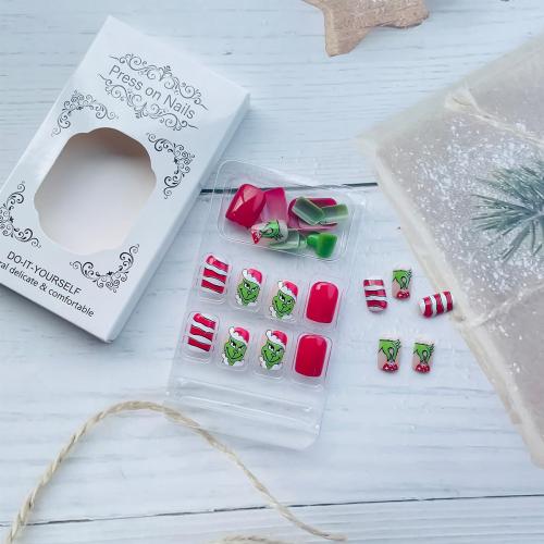 Christmas Nails,24Pcs Short Press on Nails Christmas Fake Nails with Cute Green Monster Designs Full Cover Glitter Red Green Xmas False Nail Holiday Artificial Square Glue on Nail for Women DIY Nail