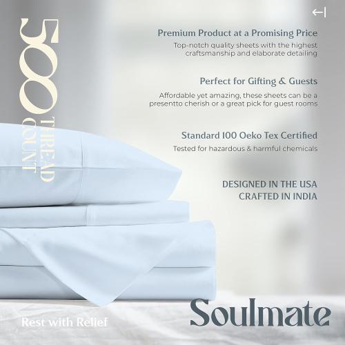 Mayfair Linen 100% Cotton Bed Sheets Queen Sheet Set - 500 Thread Count Sheets Queen Size 4 PC Set (Light Blue), Soft, Cooling, Hotel-Quality 16 Deep Pocket Sateen Cotton Bedsheet for Hot Sleepers