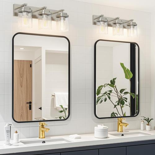 Brushed Nickel Bathroom Light Fixtures, 3 Lights Bathroom Lighting Fixtures Over Mirror, Square Design & Rectangle Large Backplate, Modern Vanity Lighting Fixtures, for Living Room/Bedroom