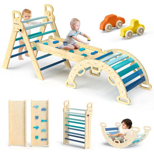 BlueWood Pikler Triangle Set 7in1 Foldable Baby Climbing Toys Wooden Montessori Climbing Set with Arch&Ramp&Ladder Baby Climber Indoor Jungle Gyms for Toddlers Montessori Toys - Sky Blue