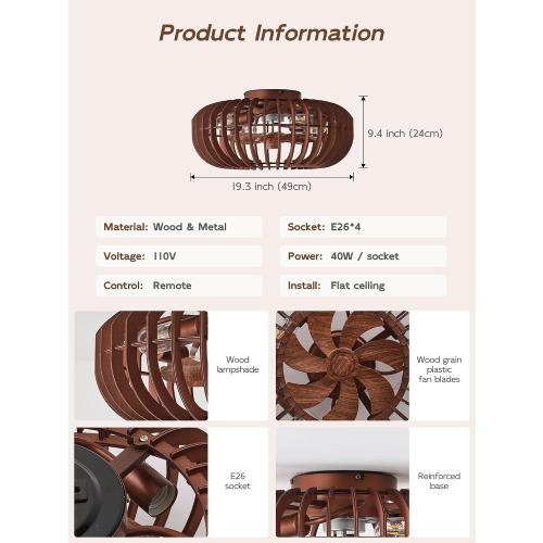 20 Wood Ceiling Fans with Lights Flush Mount, Caged Farmhouse Rustic Ceiling Fan with Light Remote Control, Wooden Low Profile for Bedroom, Living Room, Nursery