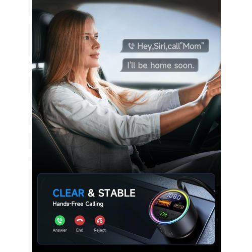 77W Bluetooth 5.4 FM Transmitter Car Adapter [PD3.0 65W 12W Fast Charging] Bluetooth Car Adapter [Deep Bass&Lossless Call Sound] Radio Bluetooth Transmitter for Car HiFi Mic & Colors LED Display