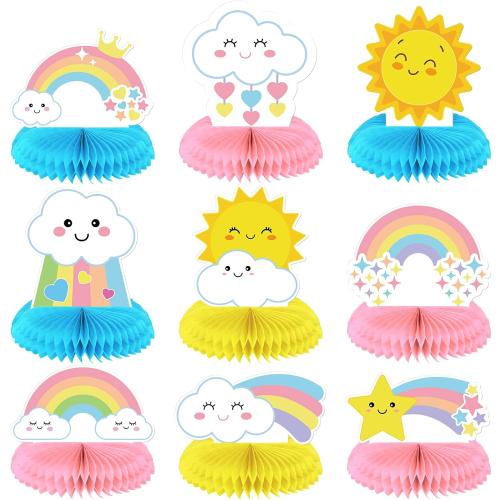 Ireer 9 Pieces Rainbow Table Decorations Honeycomb Rainbow Centerpieces for Tables 3D Clouds Decorations for Party Honeycomb Table Decors Topper Baby Shower Decors for Birthday Favors Supplies
