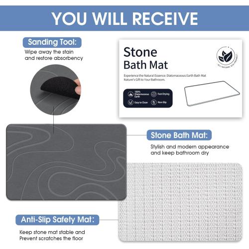 White Stone Bath Mat Diatomaceous Earth Shower Mat Non-Slip Super Absorbent Diatomite Stone Bath Mats for Bathroom Floor Quick Drying Natural Easy to Clean