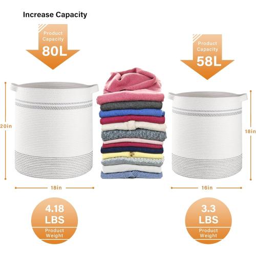 OIAHOMY 80L Laundry Basket, Laundry Hamper, Cotton Rope Storage Basket with Handles, Decorative Woven Basket for Living Room,Storage Baskets for Clothes, Blankets, and Toys -20''×18'', White&Gray