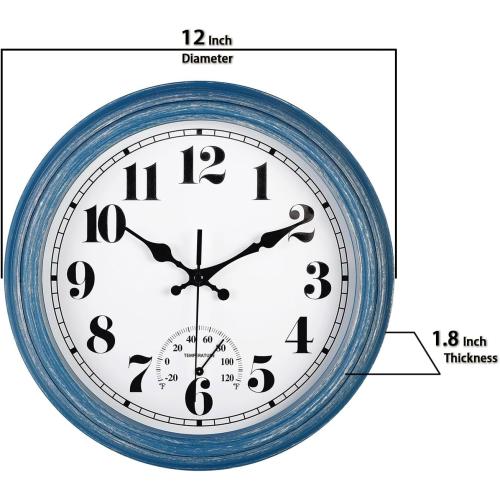 JENLYSTIME 12 Inch Indoor/Outdoor Retro Waterproof Wall Clock with Thermometer Silent Round Quartz Battery Operated Easy to Read Decorative for Kitchen Patio,Bathroom,Deck,Porch,Pool(Blue)