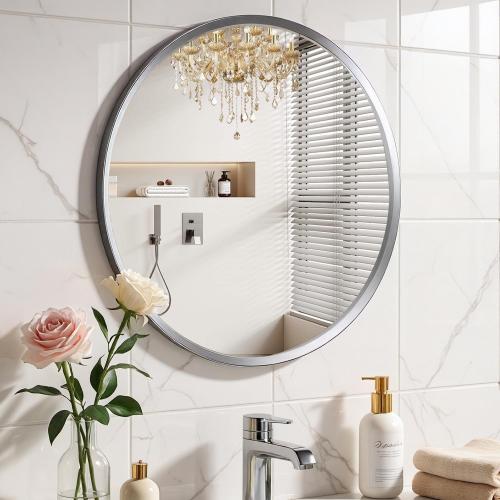 Brushed Nickel Round Bathroom Mirror for Wall, 28 inch Sliver Circle Mirror for Wall, New Frame Design, Tempered Glass,Wall Mounted Circle Mirror for Vanity, Entryway, Bedroom, Restroom